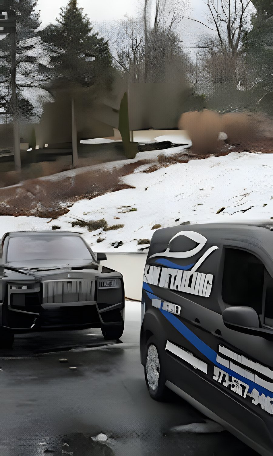 The JAM van beside a black Rolls Royce SUV in the snow