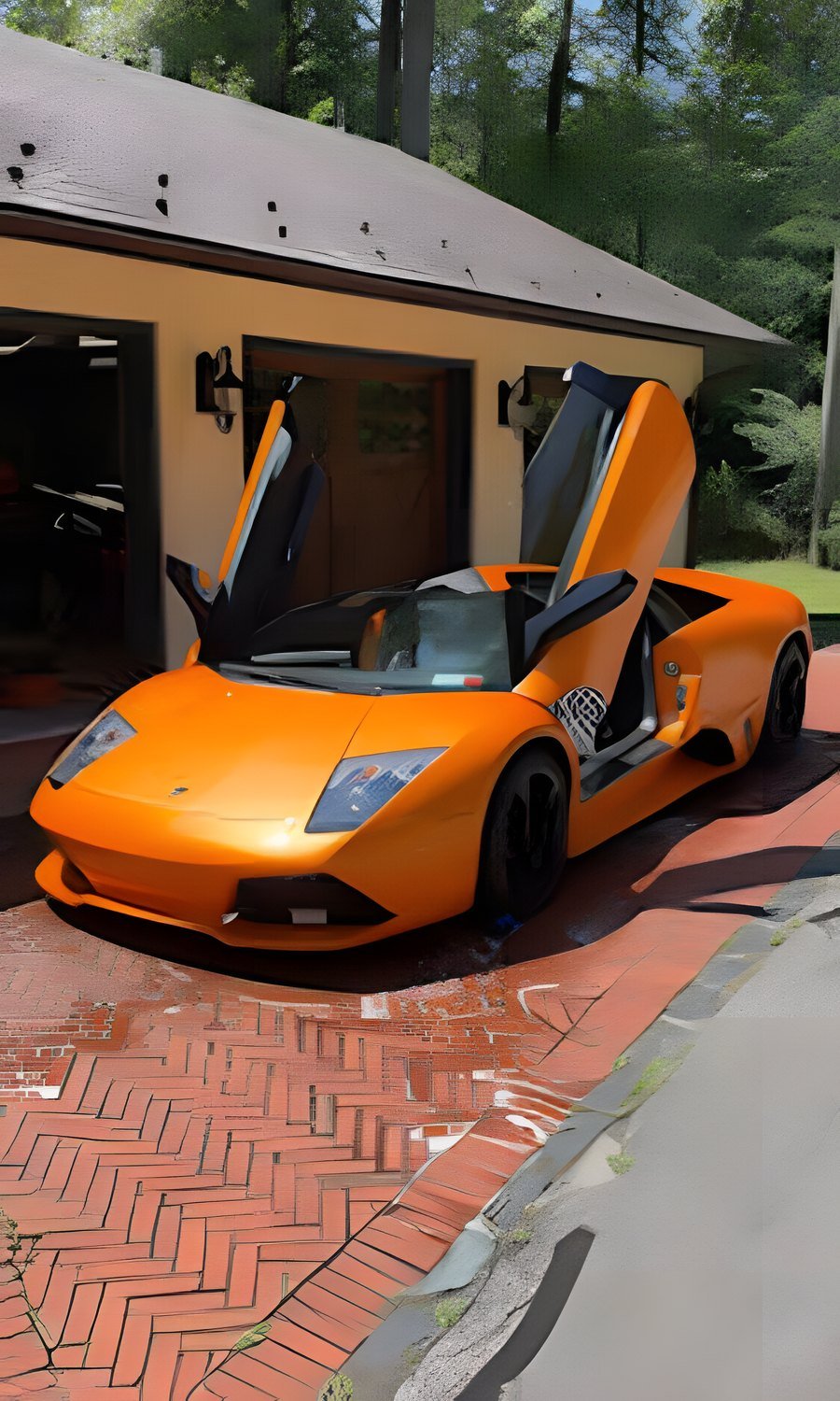 Orange Lamborghini with its doors up in a client's driveway