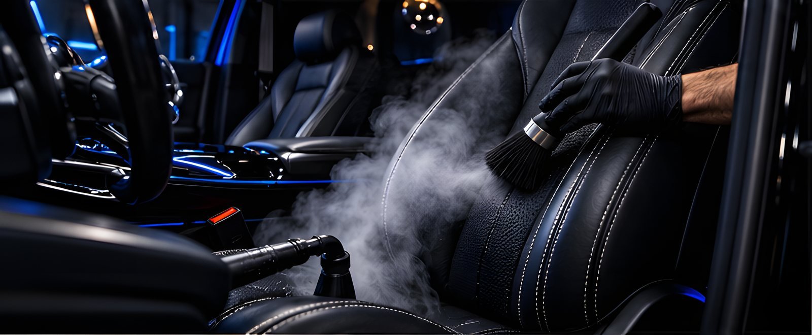 Detailing brush and steam cleaning a black leather seat