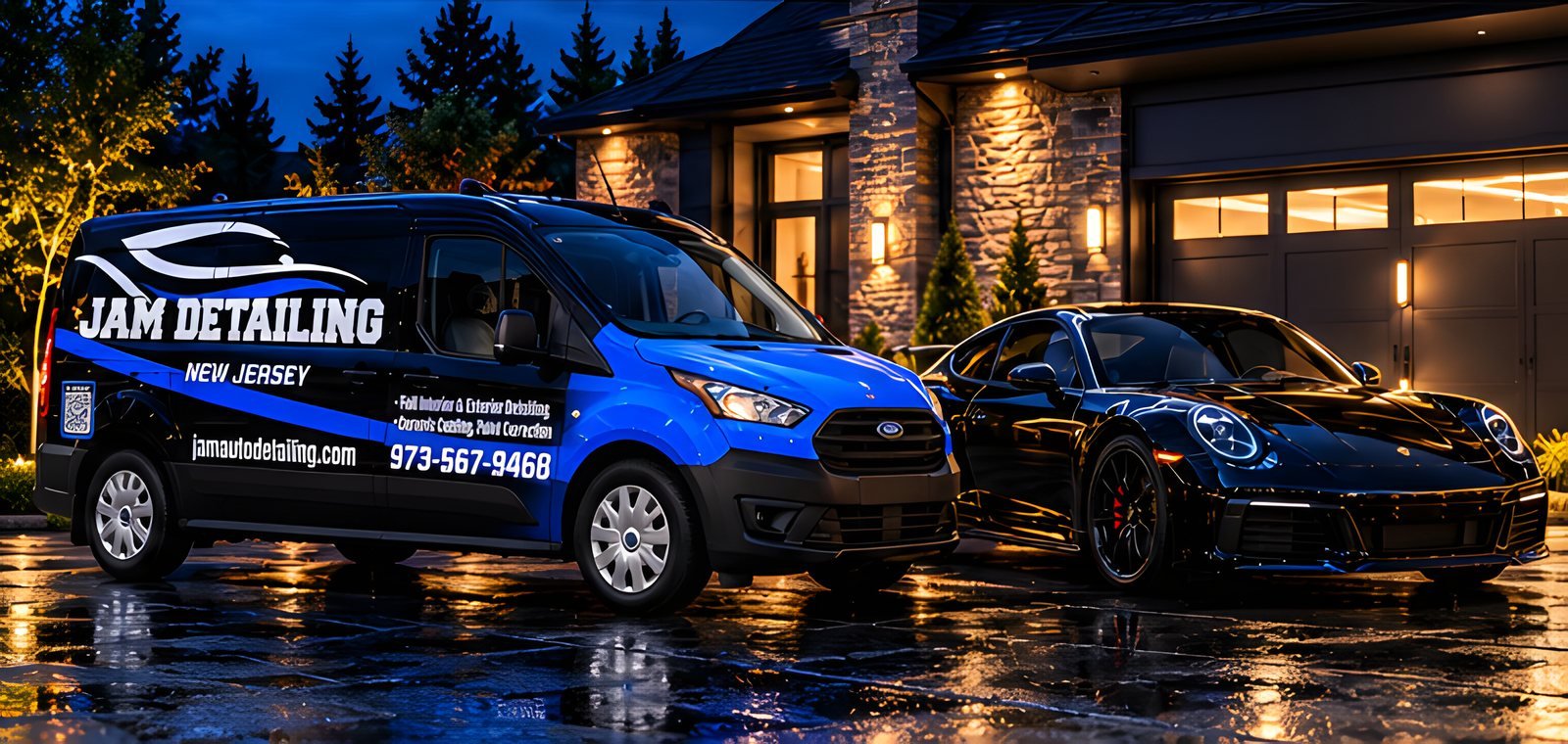 The JAM Detailing van parked in a North Jersey driveway at dusk beside a freshly detailed black sports car